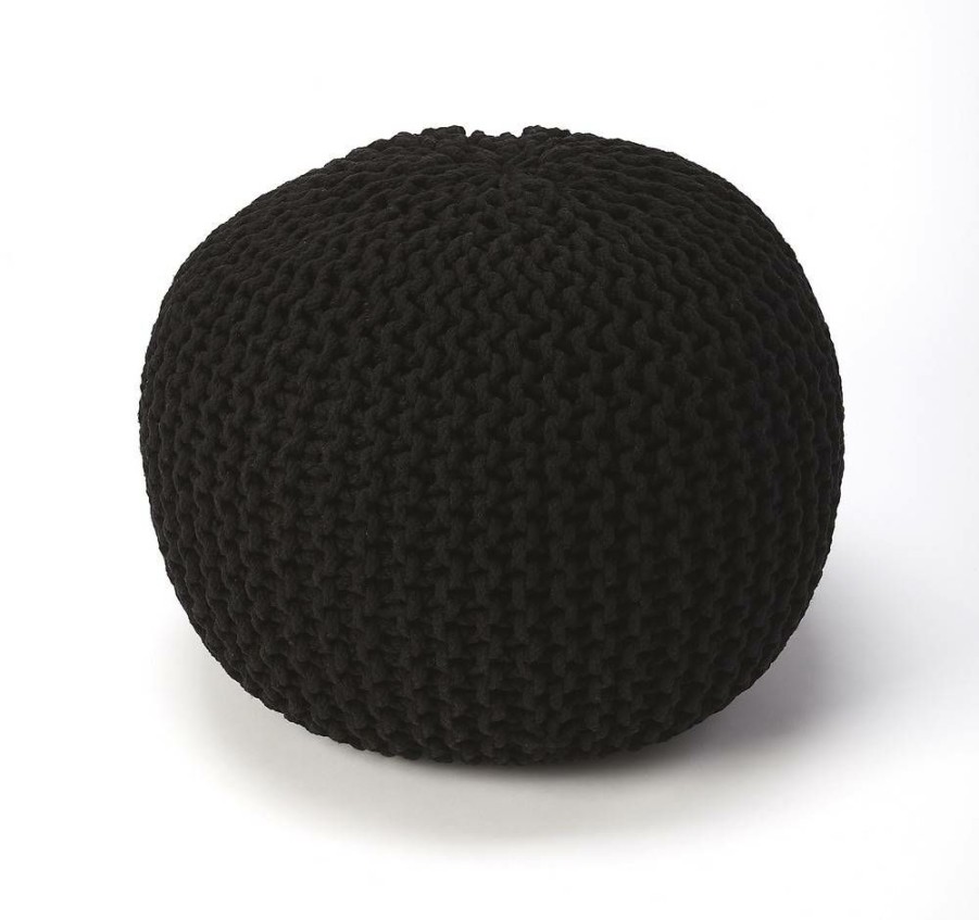 Benches * | Online Pincushion Black Woven Pouffe Butler Specialty 3689295