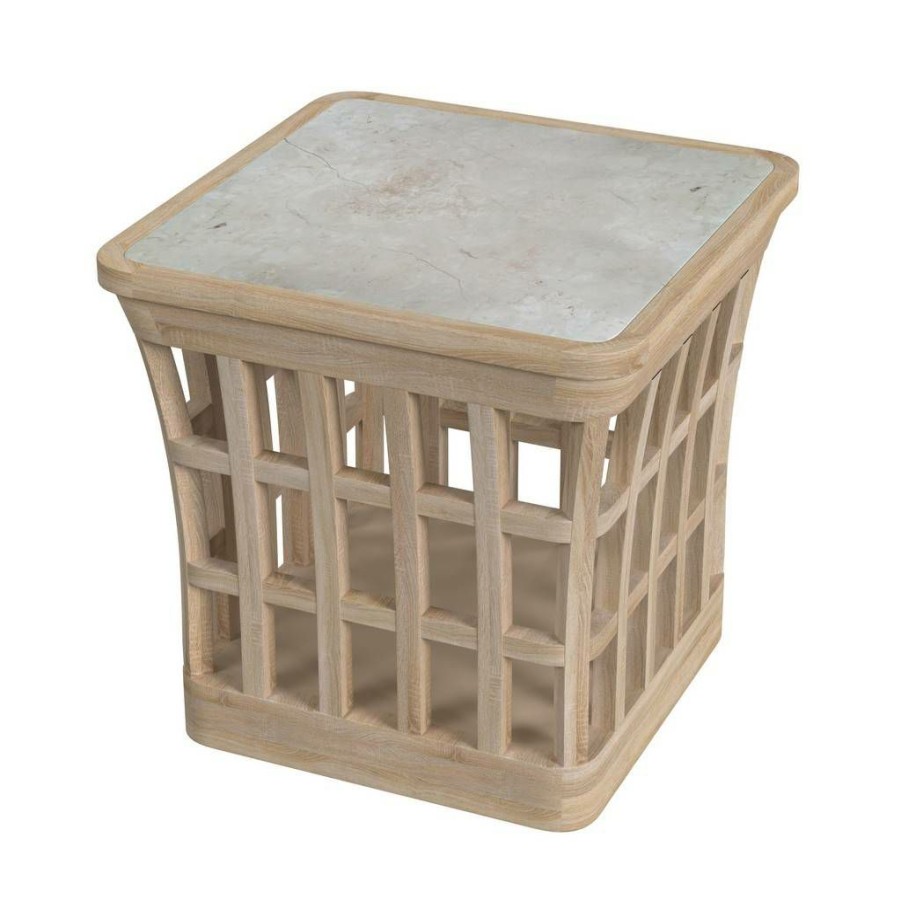 End & Side Tables * | Cheap Online Monhegan Outdoor Teak And Marble End Table, Cream, Light Brown Butler Specialty 5665436