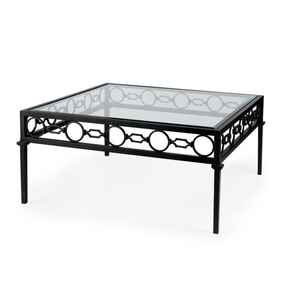 Coffee Tables * | Excellent Southport Iron Upholstered Outdoor Coffee Table, Black Butler Specialty 5663437