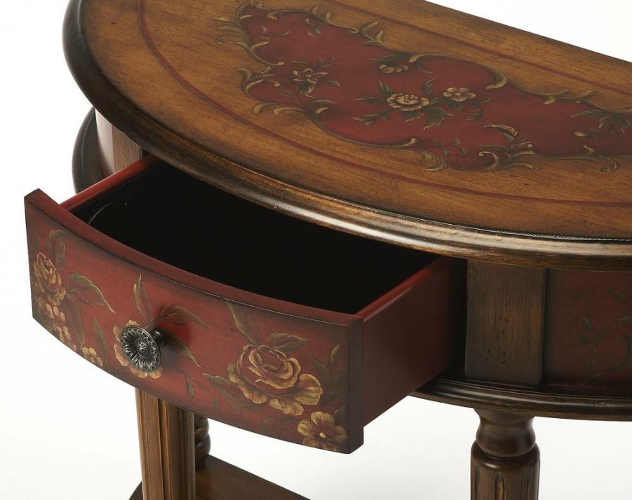 Console & Sofa Tables * | Clearance Sale Mozart Red Hand Painted Demilune Console Table Butler Specialty 667065