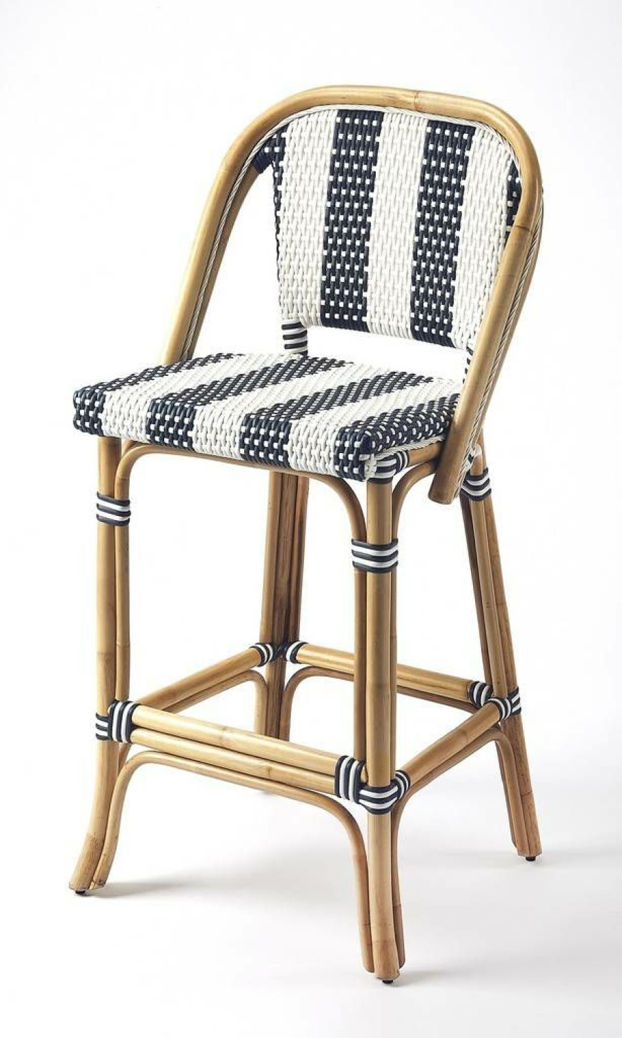 Barstools * | Discount Lila Blue & White Stripe Rattan Bar Stool Butler Specialty 3715291