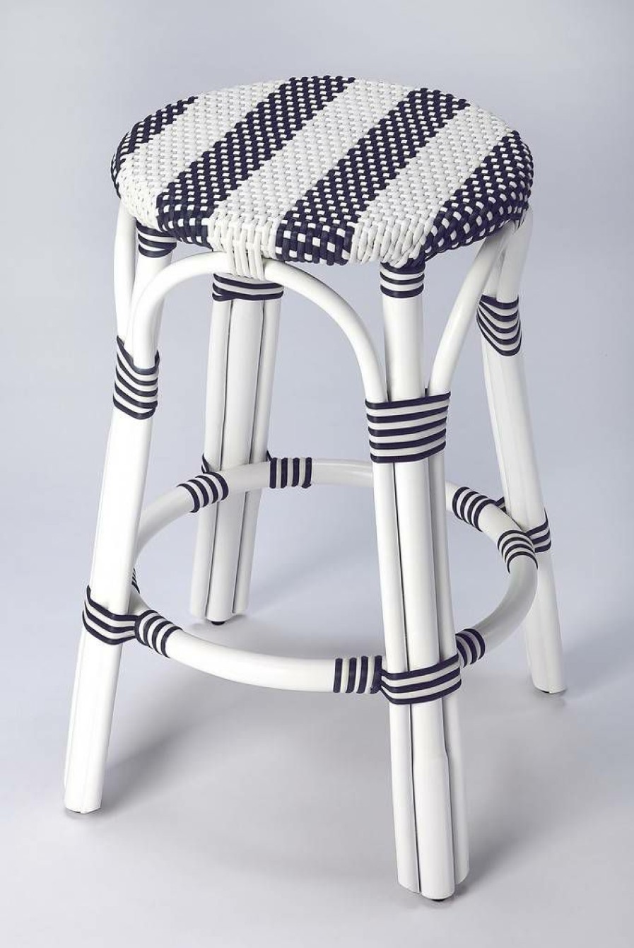 Barstools * | Shop New Tobias Counter Stool In Blue & White Rattan Butler Specialty 9371035