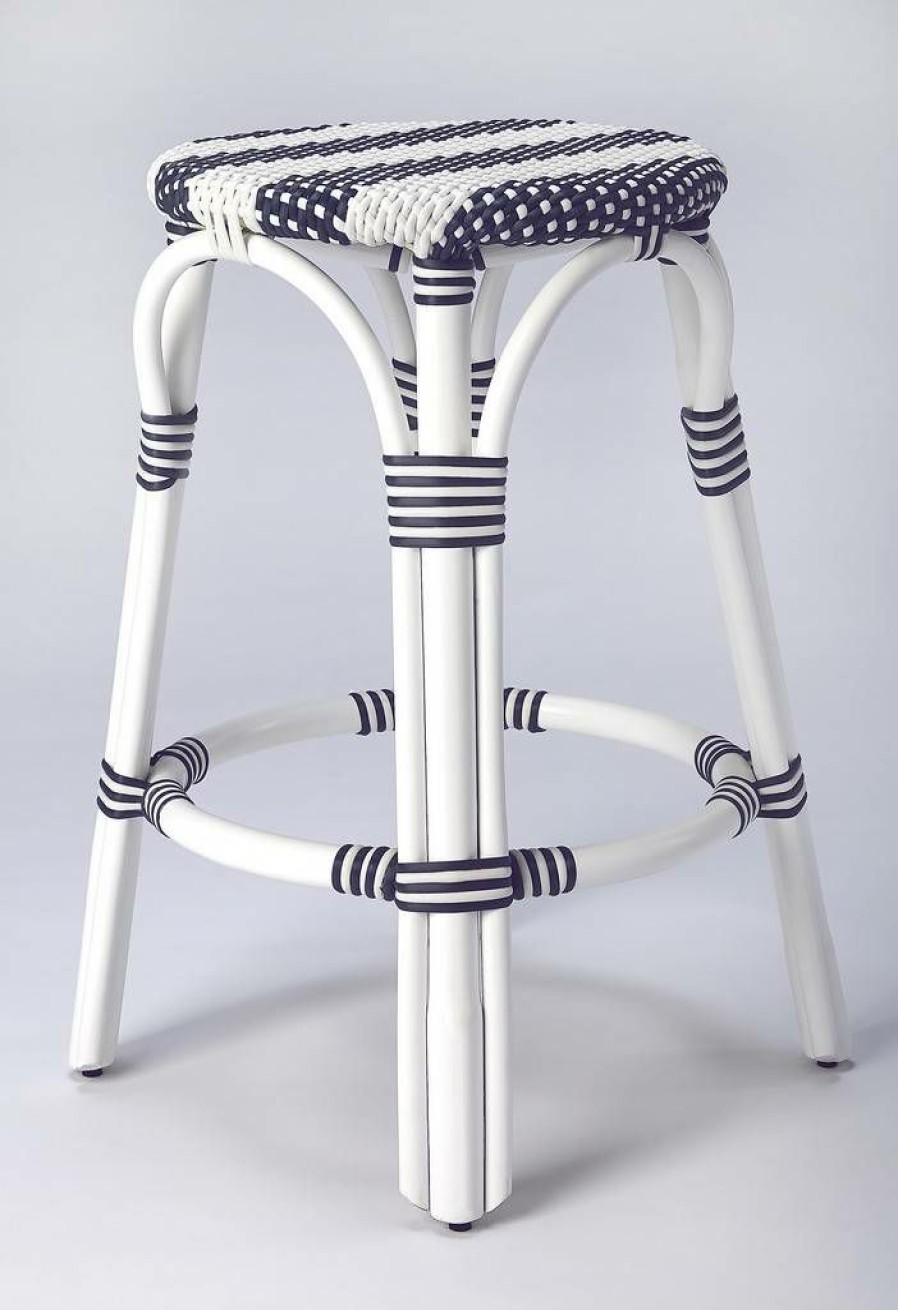 Barstools * | Shop New Tobias Counter Stool In Blue & White Rattan Butler Specialty 9371035