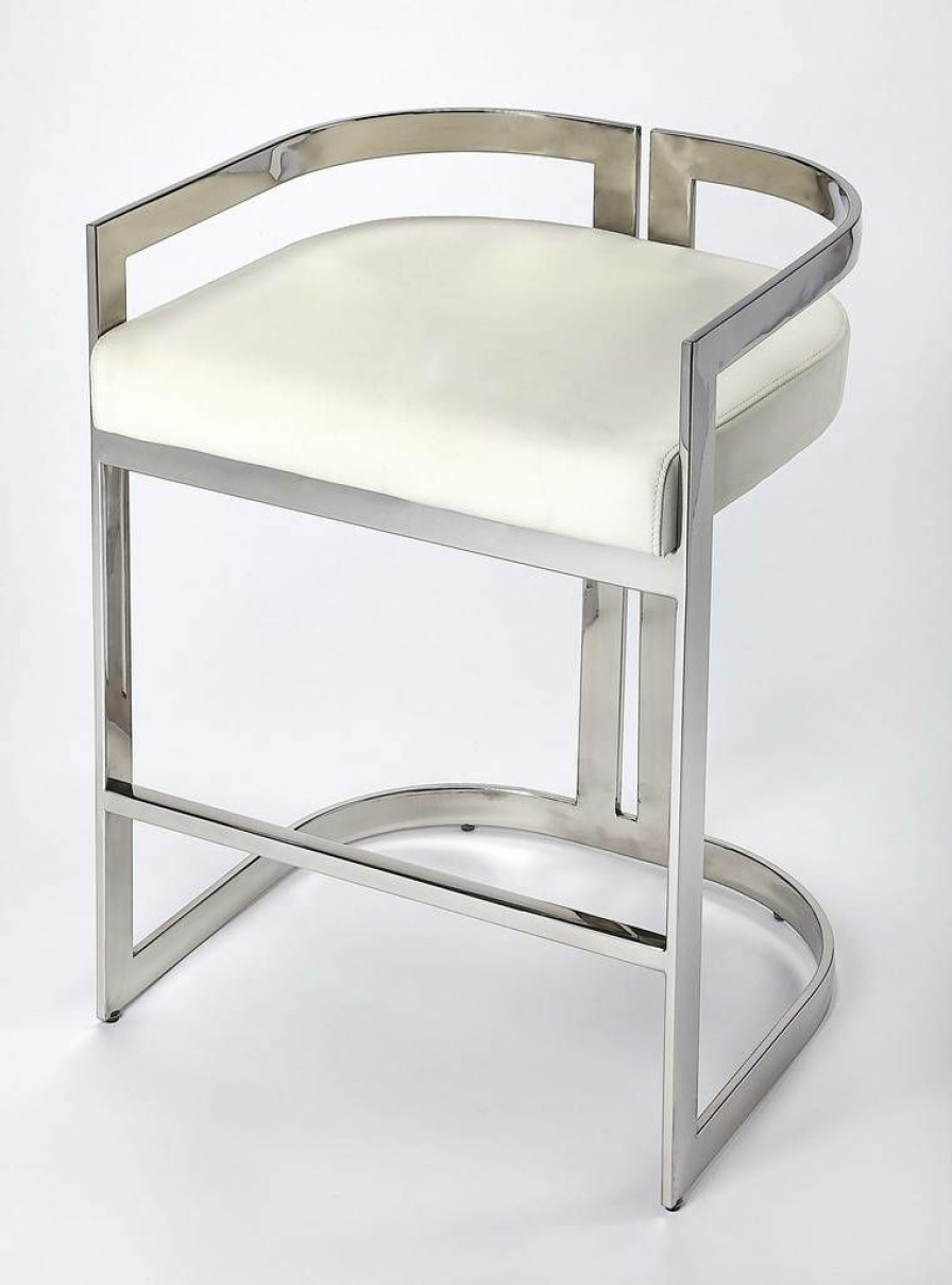 Barstools * | Quick Delivery Bravo Counter Stool In Silver & White Faux Leather Butler Specialty 5377220