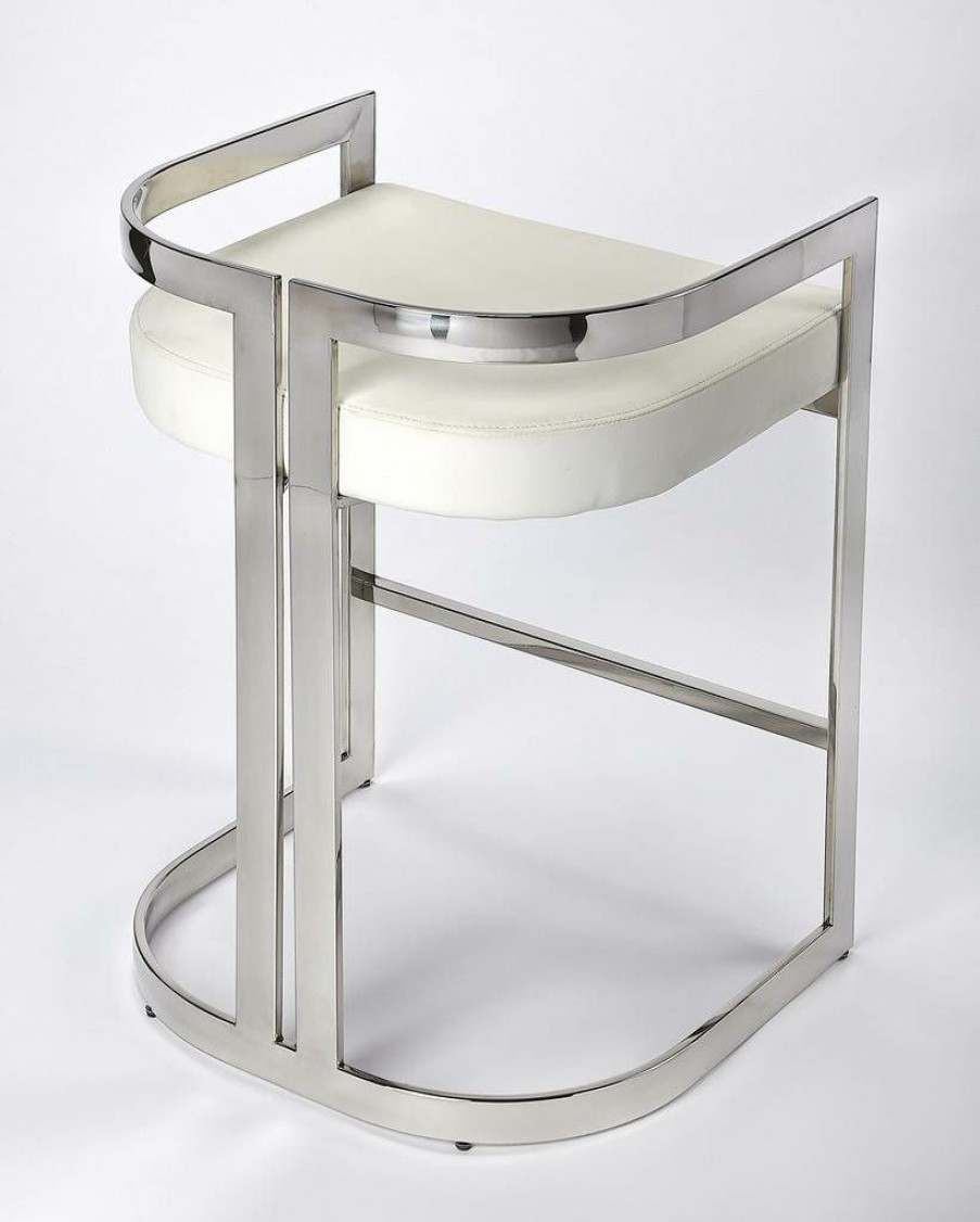 Barstools * | Quick Delivery Bravo Counter Stool In Silver & White Faux Leather Butler Specialty 5377220