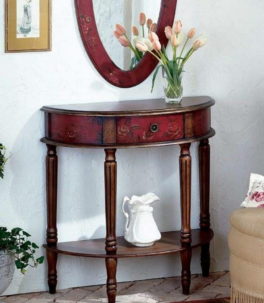 Console & Sofa Tables * | Shoping Red Hand Painted Demilune Console Table Butler Specialty 0667065