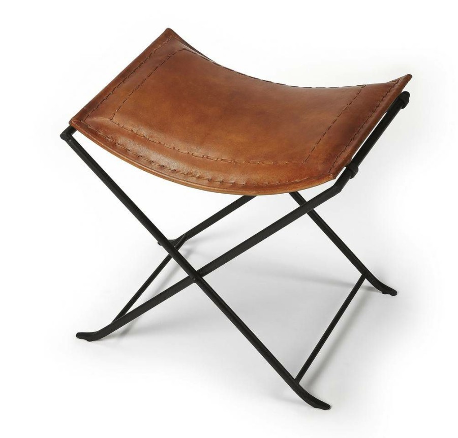 Benches * | Shop New Melton Brown Leather Stool Butler Specialty 3722344