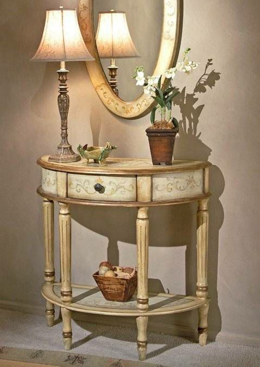 Console & Sofa Tables * | Cheap Online Tuscan Cream Hand Painted Demilune Console Table Butler Specialty 0667041