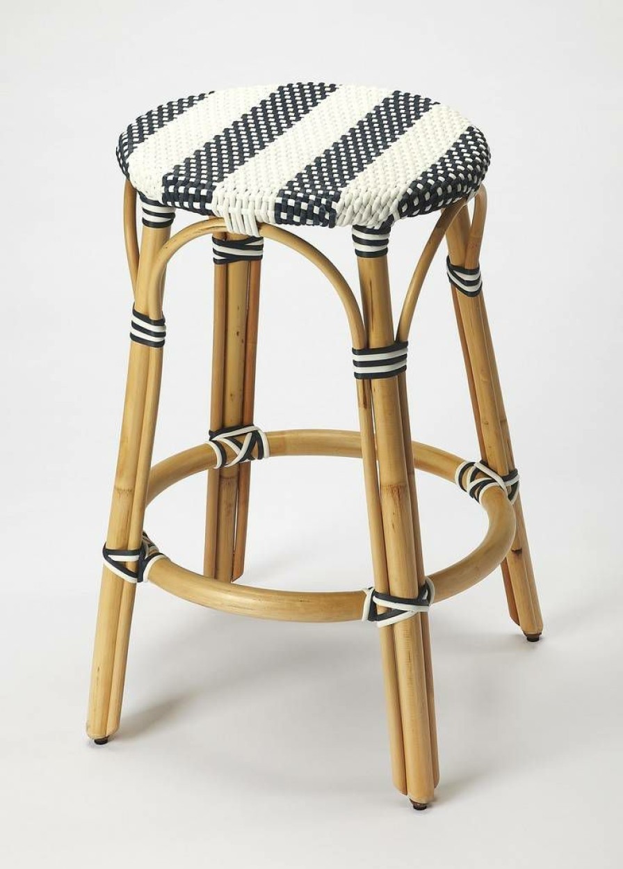 Barstools * | Special Offers Tobias Counter Stool In Blue & White Rattan Butler Specialty 9371291