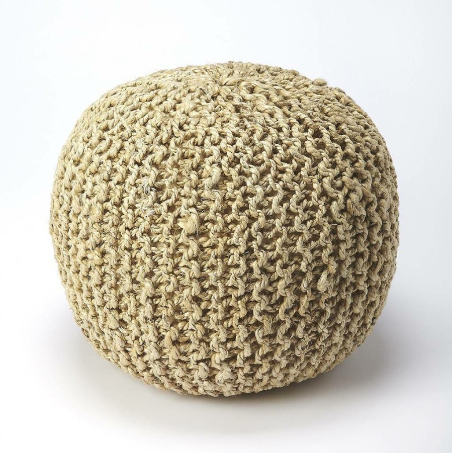 Benches * | Online Store Pincushion Beige Woven Pouffe Butler Specialty 3689140