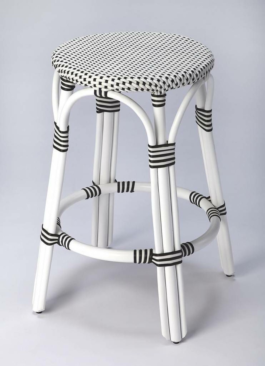 Barstools * | Clearance Sale Tobias Counter Stool In Black & White Rattan Butler Specialty 9371288