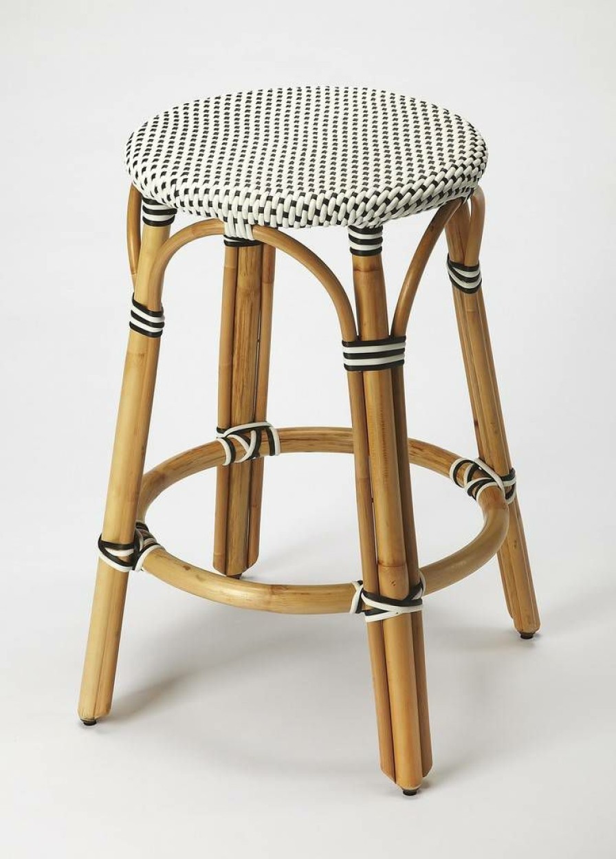 Barstools * | Best Choice Tobias Counter Stool In Black & White Rattan Butler Specialty 9371295